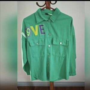 Veto Jeans Green Denim Shirt. Love ❤️ And Smiles 😊Front/Back Graphics -Ladies S
